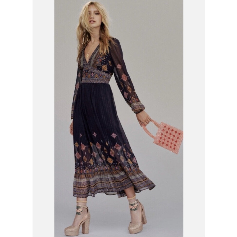 Rare Free People Wishing Well Metallic Lurex Boho Printed Midi Dress Small - Picture 2 of 10